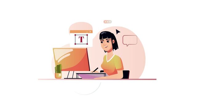 Animated female graphic designer editing text and vector artwork