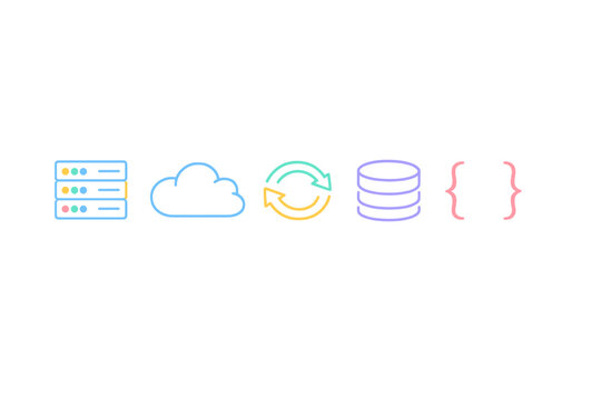 Cloud computing and data management concepts shown with icons of servers, cloud, synchronization, databases, and code brackets