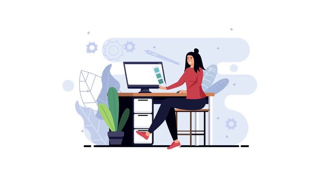 Animated female graphic designer choosing colors at creative workstation