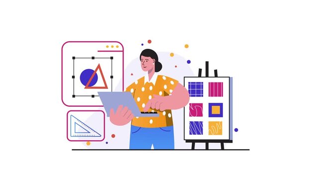 Female graphic designer creating abstract artwork in laptop animation