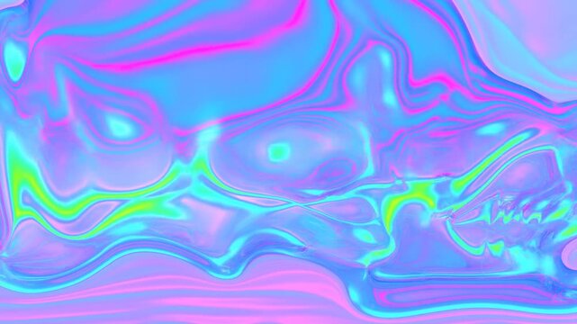 Tracking shot of iridescent skull melting and shifting across abstract holographic liquid surface with lateral pan and slow motion flow