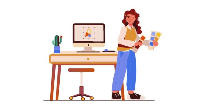 Female graphic designer choosing color swatches at modern desk
