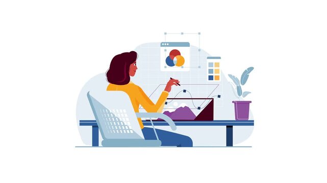 Flat animation of woman creating digital illustration at modern desk