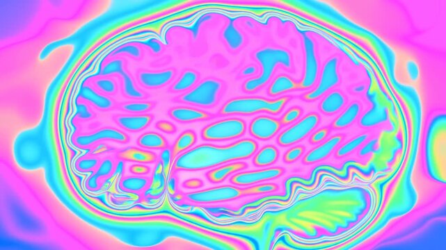 Panning slow zoom of abstract psychedelic brain cross section illustration morphing and flowing over colorful gradient studio background with neon iridescent hues