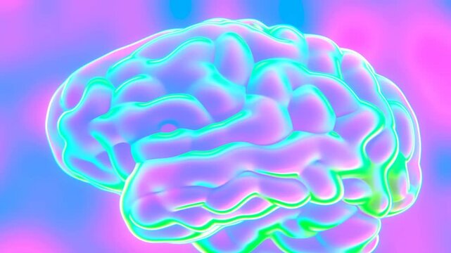 Slow motion tracking shot of stylized 3d brain rotating against neon pink blue purple gradient background in abstract studio setting