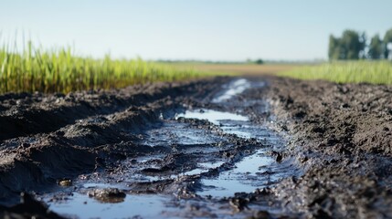 Obraz premium Muddy farm track with puddles and green vegetation under a clear sky