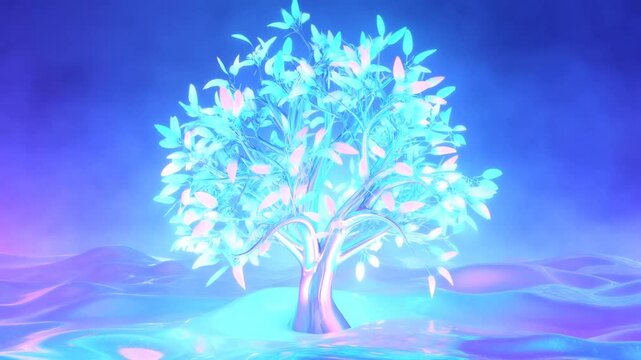Panning shot of glowing tree gently swaying while water ripples across iridescent liquid surface in surreal studio environment