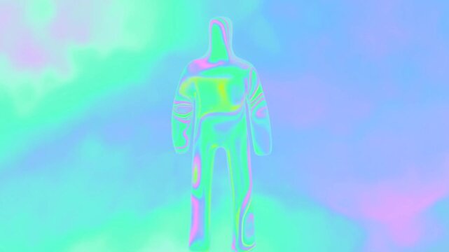 Slow dolly in of humanoid figure walking through iridescent pastel cloud background with camera tracking forward as subject approaches close view