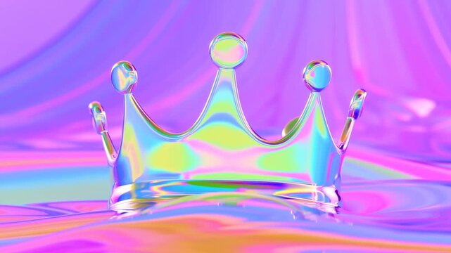 Slow motion close up of iridescent liquid crown forming rising and splashing on colorful surface with pastel backdrop in studio