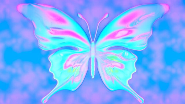Slow pan of iridescent butterfly wings flapping and morphing against abstract pastel blue background in surreal digital studio loop