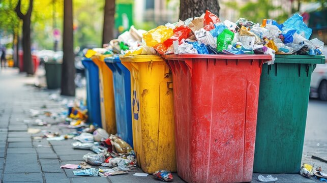 Overflowing recycling bins with mixed waste and litter on a city sidewalk