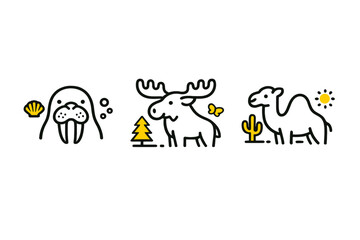 Fototapeta premium Icons of different animals including a walrus, moose, and camel with nature elements in simple design style