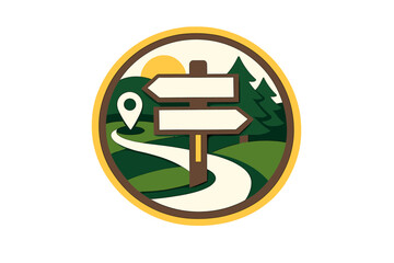 Wooden signpost with direction arrows along a winding path in a green landscape during the day in a outdoor setting © icon_art