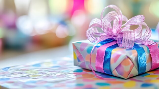 A beautifully wrapped gift box adorned with a pink ribbon and bow rests on a patterned surface, awaiting its recipient.