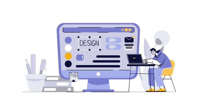 Graphic designer animation designing website layout on desktop computer