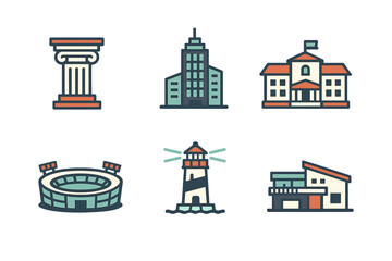 Fototapeta premium Different buildings and structures including a lighthouse and stadium in a simple design style