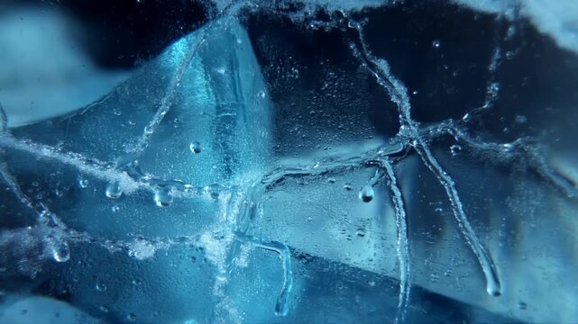 Slow motion tracking close up of melting ice with dripping water droplets on translucent blue surface in cold studio environment