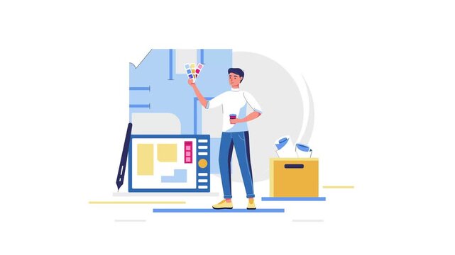 Graphic designer holding color swatches beside digital layout animation