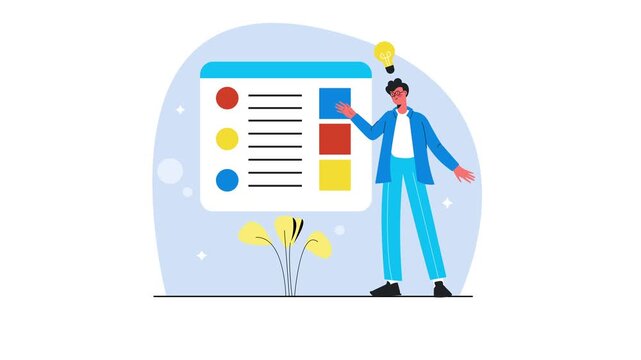 Animated flat illustration of designer presenting website layout concept