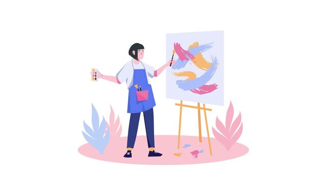 Animated female artist painting abstract canvas on easel in colorful studio