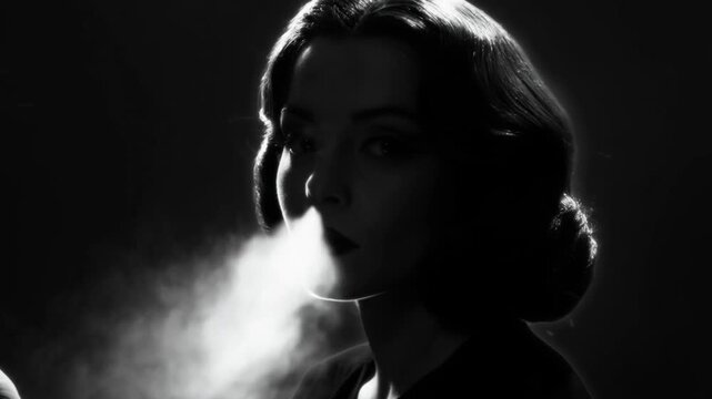 Slow dolly tracking shot of woman smoking with cigarette holder exhaling smoke in dark studio portrait with backlit noir silhouette