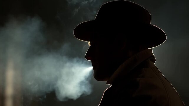Static shot of man in fedora smoking and exhaling smoke indoors with rim backlight in dim interior room