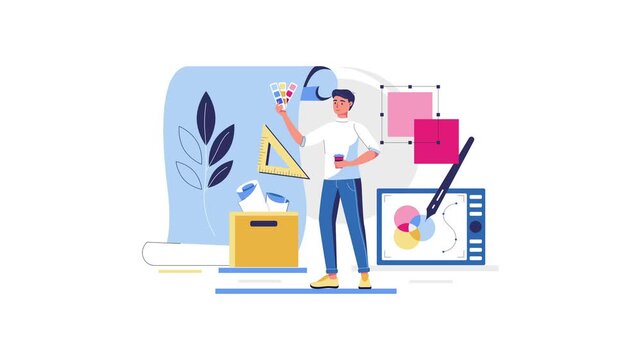 Animated graphic designer creating digital artwork with color palette