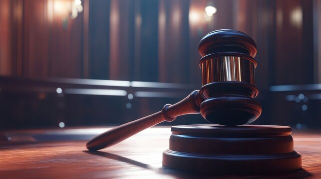 Wooden gavel rests on a sounding block in a formal courtroom setting with subdued lighting, symbolizing legal proceedings and judicial decisions