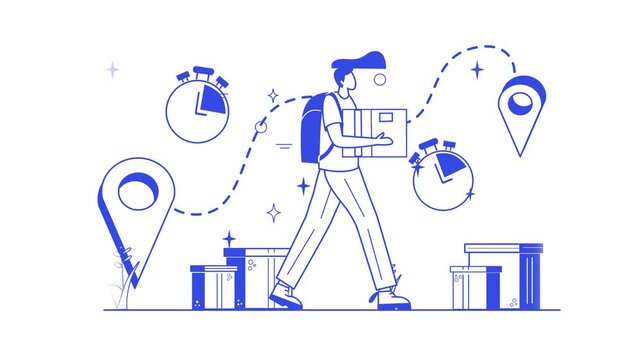 Animated courier carrying parcel along delivery route with location pins