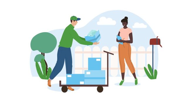 Courier delivering parcel to customer in suburban neighborhood animation