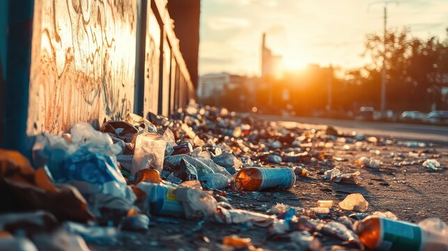 Overflowing city dumpster filled with assorted waste and plastic bottles on a sunny street with urban graffiti and sunset glow