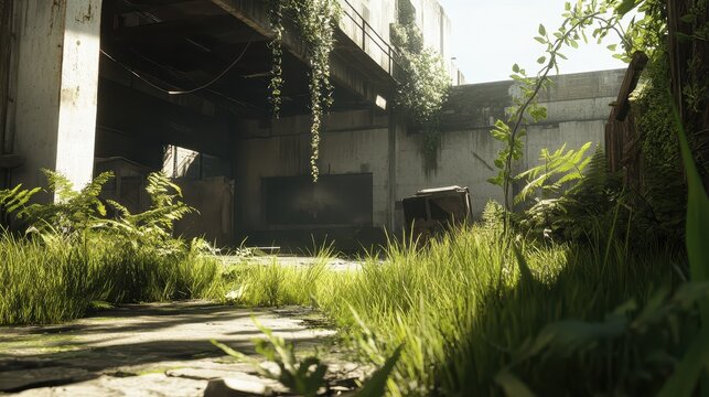 Overgrown abandoned industrial site with lush vegetation reclaiming urban structures under natural light