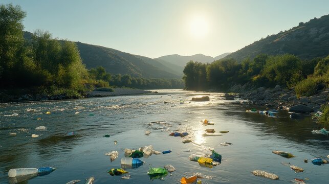 Plastic waste pollutes a scenic river bend with shallow depth of field under a bright midday sun near lush green hills.