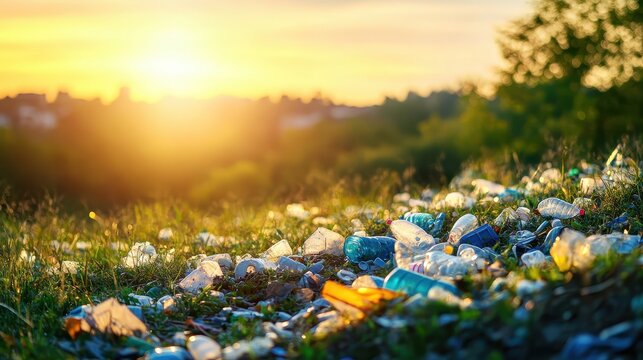 Plastic Waste Littering a Grassy Hillside Under a Vibrant Sunset