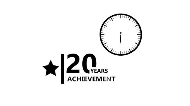 20 anniversary minimal black typography with clock icon and star symbol on white background representing corporate milestone achievement clean modern concept 4K black background visuals