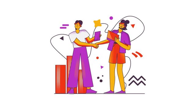 Two colleagues shaking hands in colorful animated flat illustration