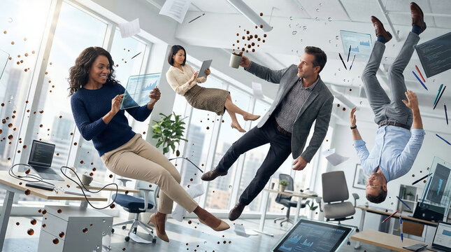 BUSINESS EXECUTIVES FLOATING IN ZERO GRAVITY DURING STRATEGY MEETING