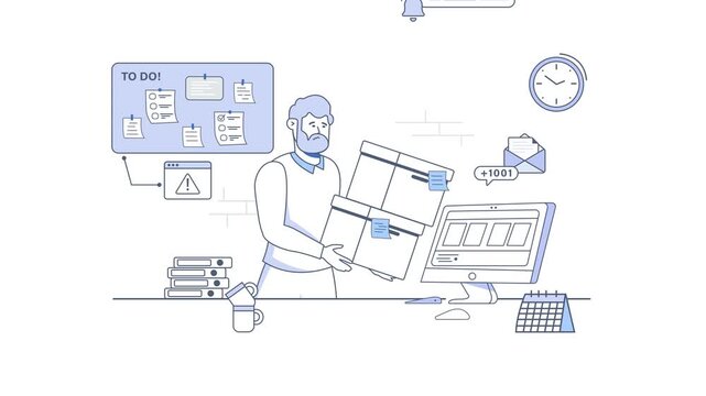Overwhelmed office worker juggling tasks, deadlines and emails animation
