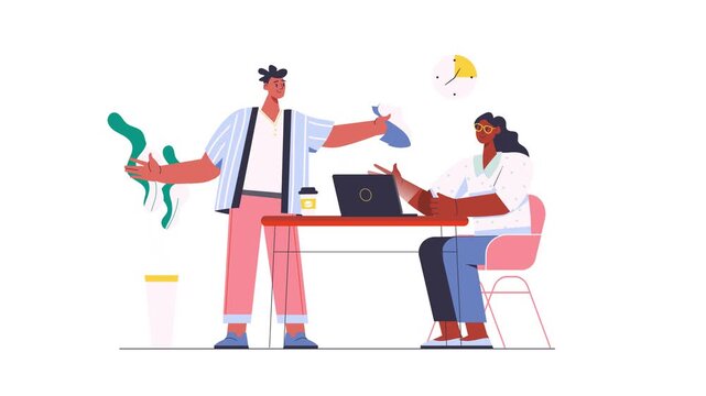 Animated office collaboration with coworkers exchanging documents at laptop