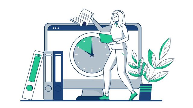 Animated woman managing documents and deadlines beside office monitor