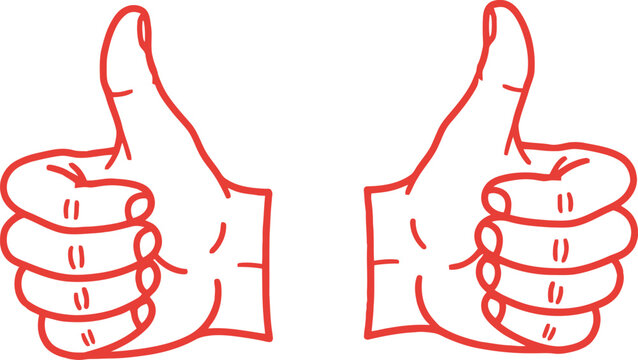 Two thumbs up gesture illustration in red outline on white background