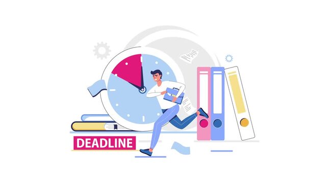 Deadline pressure illustration of businessman racing past clock and folders