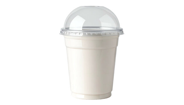 Creamy white beverage in a clear plastic cup with a dome lid, isolated on black