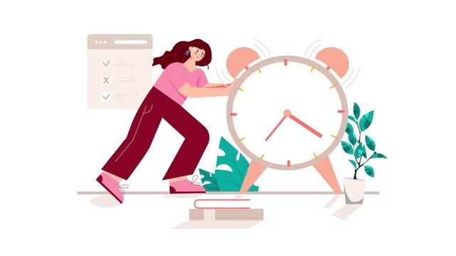 Animated woman pushing giant alarm clock beside checklist and books