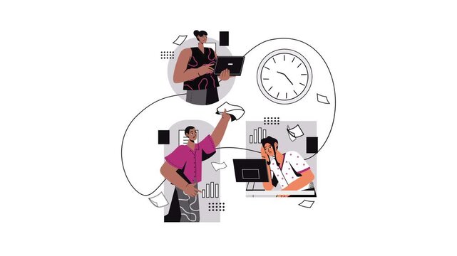 Diverse office team juggling deadlines, paperwork and laptop in animation