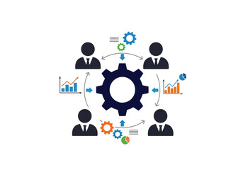 Fototapeta premium Infographic Vector Four business professionals collaborate around a central gear, symbolizing unified team processes.