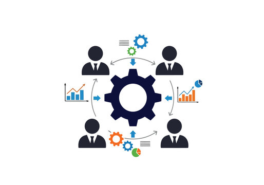 Infographic Vector Four business professionals collaborate around a central gear, symbolizing unified team processes.