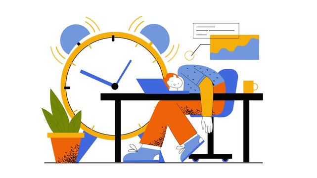 Exhausted office worker sleeping at desk with laptop and giant clock animation