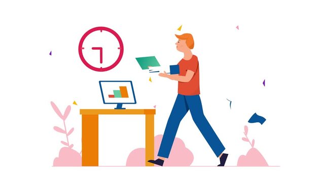 Animated flat illustration of office worker carrying files near deadline clock