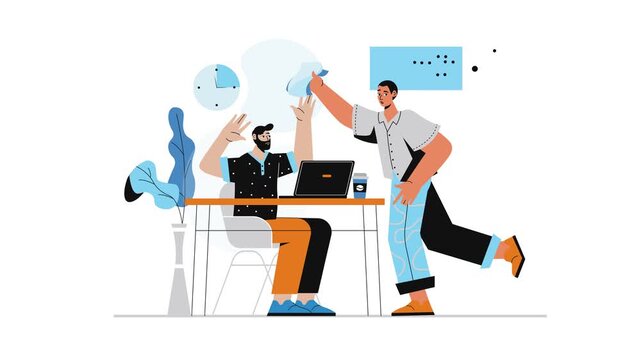 Animated coworkers celebrating project success in modern office
